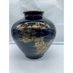 Japanese Cobalt Blue With Gold Floral Pattern Design Ceramic Vase 7" Tall